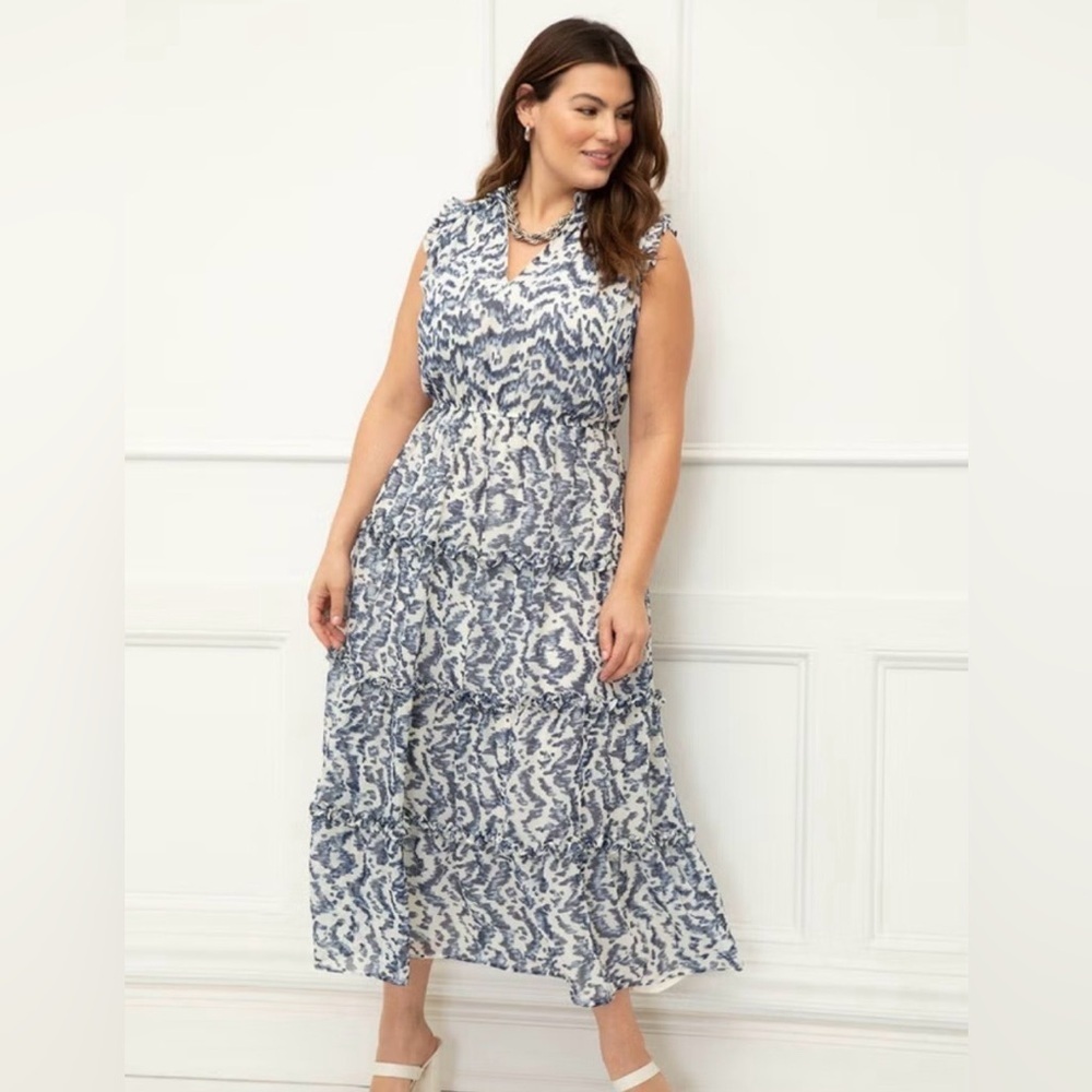 ELOQUII Elements Sleeveless Ruffle Trimmed Dress Blue White 14 Cottagecore NWT